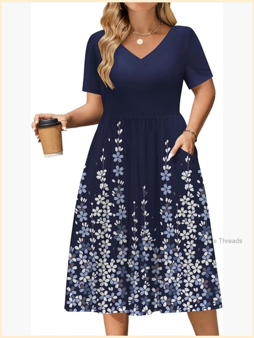 Plus Size Short Sleeve V-Neck Midi Sundress with Pockets